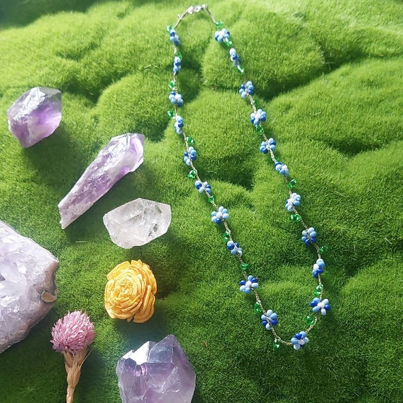 Hand Crafted Dainty Floral Necklace, Blues, 18 Inch, By Rust Belt Raised - Picture 6 of 12